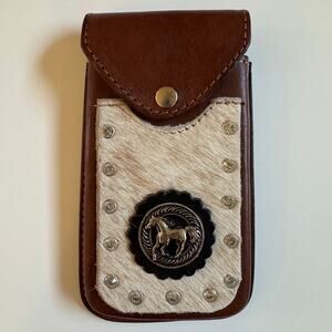 Custom Made Brown Leather Cowhide Western Cell Phone Holster Horse Concho EUC